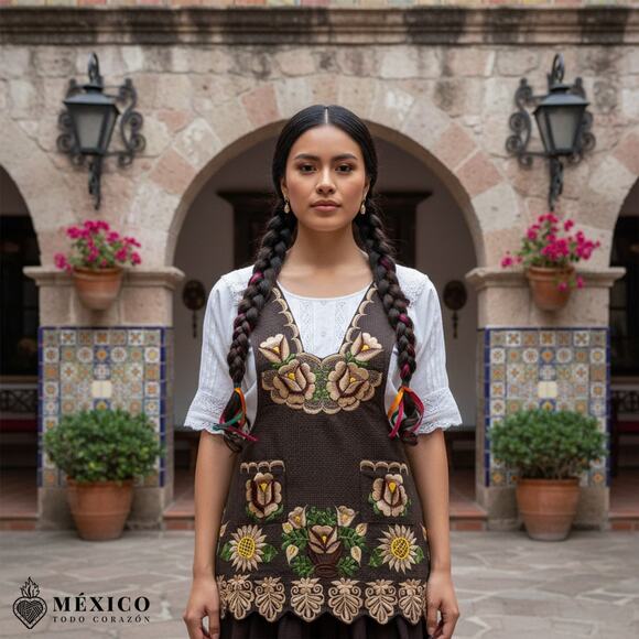 Brown Mexican Embroidered Apron – Premium Cotton Blend Apron with Beige Floral - Picture 1 of 9